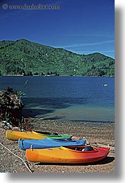 colorful, kayaks, new zealand, queen charlotte, vertical, photograph