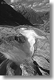 black and white, new zealand, routeburn, vertical, waterfalls, photograph