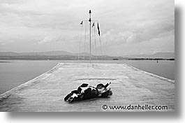 animals, black and white, canine, colors, dock, dogs, horizontal, ireland, lough derg, photograph