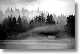 alaska, america, black and white, foggy, horizontal, houses, north america, old, united states, photograph