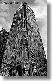 america, black and white, buildings, chicago, donnelley, illinois, lamp posts, north america, united states, vertical, photograph