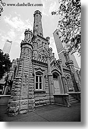 america, black and white, buildings, chicago, illinois, north america, towers, united states, vertical, water, water towers, photograph