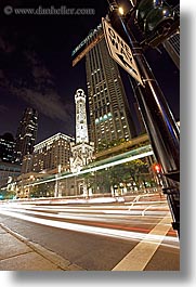 america, buildings, chicago, cityscapes, illinois, long exposure, nite, north america, streets, towers, united states, vertical, water, water towers, photograph
