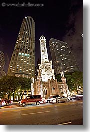 america, buildings, cars, chicago, cityscapes, illinois, long exposure, nite, north america, streets, towers, united states, vertical, water, water towers, photograph