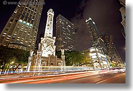 america, buildings, chicago, cityscapes, horizontal, illinois, long exposure, nite, north america, streets, towers, united states, water, water towers, photograph