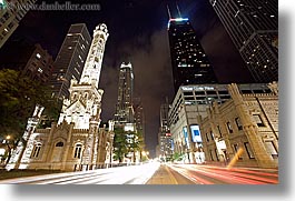 america, buildings, chicago, cityscapes, horizontal, illinois, long exposure, nite, north america, streets, towers, united states, water, water towers, photograph