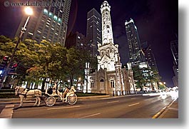 america, buildings, carriage, chicago, cityscapes, horizontal, horses, illinois, nite, north america, slow exposure, streets, towers, united states, water, water towers, photograph