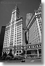 america, black and white, buildings, chicago, illinois, north america, united states, vertical, wrigley, photograph