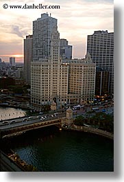 america, bridge, buildings, chicago, illinois, north america, united states, vertical, wrigley, photograph