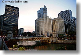 america, bridge, buildings, chicago, horizontal, illinois, north america, united states, wrigley, photograph