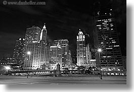 america, black and white, buildings, chicago, cityscapes, horizontal, illinois, long exposure, nite, north america, streets, united states, wrigley, photograph