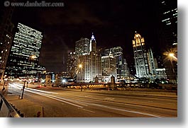 america, buildings, chicago, horizontal, illinois, long exposure, nite, north america, streets, united states, wrigley, photograph