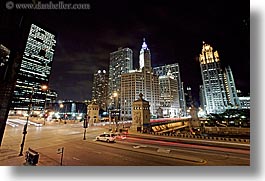 america, buildings, cars, chicago, horizontal, illinois, long exposure, nite, north america, streets, united states, wrigley, photograph