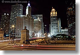 america, buildings, cars, chicago, horizontal, illinois, long exposure, nite, north america, streets, united states, wrigley, photograph