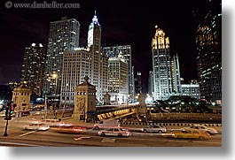 america, buildings, cars, chicago, horizontal, illinois, long exposure, nite, north america, streets, united states, wrigley, photograph