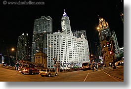 america, buildings, cars, chicago, cityscapes, fisheye lens, horizontal, illinois, nite, north america, streets, united states, wrigley, photograph