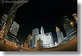 america, buildings, cars, chicago, cityscapes, fisheye lens, horizontal, illinois, nite, north america, streets, united states, wrigley, photograph