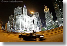 america, buildings, cars, chicago, cityscapes, fisheye lens, horizontal, illinois, nite, north america, streets, united states, wrigley, photograph