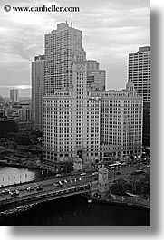 america, black and white, buildings, chicago, illinois, north america, united states, vertical, wrigley, photograph