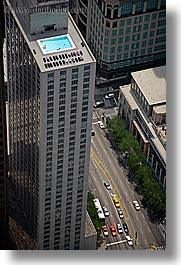 america, buildings, chicago, illinois, north america, pools, streets, swimming pool, tops, traffic, united states, vertical, water, photograph