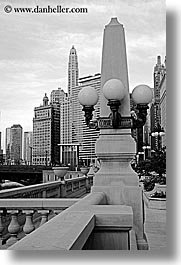 america, black and white, buildings, chicago, cityscapes, illinois, lamps, north america, posts, united states, vertical, photograph