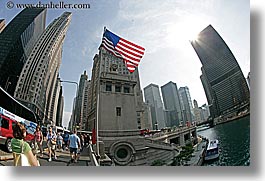 america, bridge, buildings, chicago, cityscapes, fisheye lens, flags, horizontal, illinois, north america, people, sun, united states, walkers, photograph