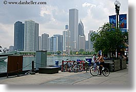 america, bicycles, chicago, cityscapes, cyclists, horizontal, illinois, north america, united states, water, photograph