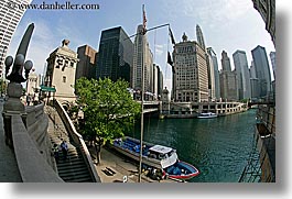 america, boats, chicago, cityscapes, fisheye lens, horizontal, illinois, north america, rivers, united states, water, photograph