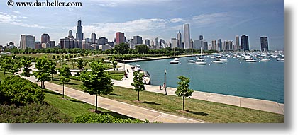america, boats, chicago, cityscapes, horizontal, illinois, lakes, north america, panoramic, paths, united states, photograph