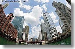 america, bridge, chicago, cityscapes, clouds, fisheye, fisheye lens, horizontal, illinois, north america, rivers, united states, water, photograph