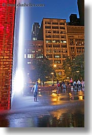 america, chicago, childrens, colorful, crown fountains, fountains, illinois, millenium park, nite, north america, people, slow exposure, united states, vertical, water, waterfalls, photograph