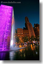 america, chicago, childrens, colorful, crown fountains, fountains, illinois, millenium park, nite, north america, people, slow exposure, united states, vertical, water, waterfalls, photograph