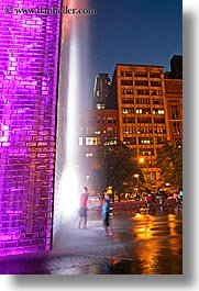 america, chicago, childrens, colorful, crown fountains, fountains, illinois, millenium park, nite, north america, people, slow exposure, united states, vertical, water, waterfalls, photograph