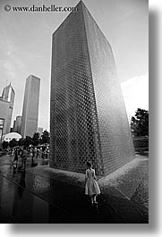 america, black and white, chicago, childrens, crown fountains, fountains, illinois, millenium, millenium park, north america, people, united states, vertical, water, photograph
