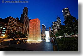 america, chicago, crown fountains, fountains, horizontal, illinois, millenium, millenium park, nite, north america, slow exposure, united states, water, photograph