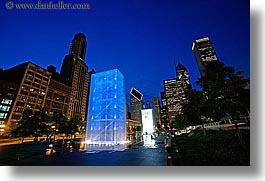 america, chicago, crown fountains, fountains, horizontal, illinois, millenium, millenium park, nite, north america, slow exposure, united states, water, photograph