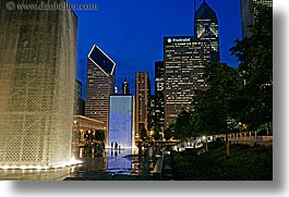 america, chicago, crown fountains, fountains, horizontal, illinois, millenium, millenium park, nite, north america, slow exposure, united states, water, photograph