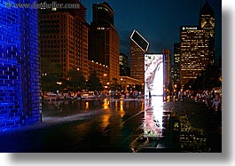 america, chicago, crown fountains, fountains, horizontal, illinois, millenium, millenium park, nite, north america, slow exposure, united states, water, photograph