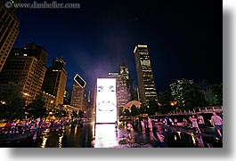 america, chicago, crown fountains, fountains, horizontal, illinois, millenium, millenium park, nite, north america, slow exposure, united states, water, photograph