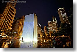 america, chicago, crown fountains, fountains, horizontal, illinois, millenium, millenium park, nite, north america, slow exposure, united states, water, photograph