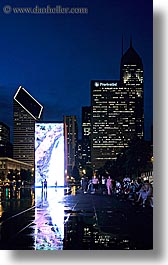 america, chicago, crown fountains, fountains, illinois, millenium, millenium park, nite, north america, slow exposure, united states, vertical, water, photograph