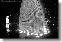 america, black and white, chicago, crown fountains, fisheye lens, fountains, horizontal, illinois, millenium, millenium park, nite, north america, united states, water, photograph