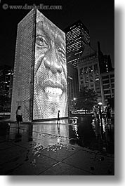 america, black and white, chicago, childrens, crown fountains, fountains, illinois, millenium park, nite, north america, people, slow exposure, united states, vertical, water, photograph