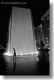 america, black and white, chicago, childrens, crown fountains, fountains, illinois, millenium park, nite, north america, people, united states, vertical, water, photograph