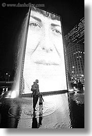 america, black and white, chicago, childrens, crown fountains, fountains, illinois, millenium park, nite, north america, people, united states, vertical, water, photograph