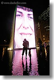 america, chicago, childrens, crown fountains, fountains, illinois, millenium park, nite, north america, people, united states, vertical, water, photograph