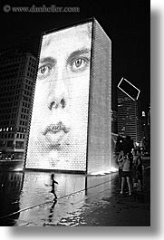 america, black and white, chicago, childrens, crown fountains, fountains, illinois, millenium park, nite, north america, people, united states, vertical, water, photograph