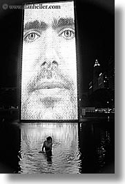 america, black and white, chicago, childrens, crown fountains, fountains, illinois, millenium park, nite, north america, people, united states, vertical, water, photograph