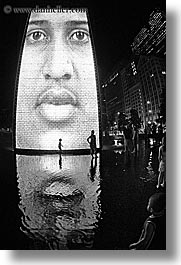 america, black and white, chicago, childrens, crown fountains, fisheye lens, fountains, illinois, millenium park, nite, north america, people, united states, vertical, water, photograph