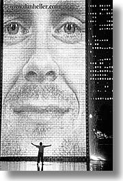 america, black and white, chicago, childrens, crown fountains, fountains, illinois, millenium park, nite, north america, people, united states, vertical, water, photograph